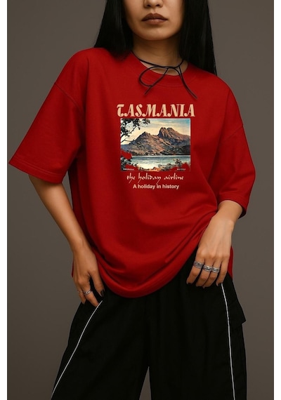 Tasmania Baskılı Unisex Oversize Tişört Kirmizi