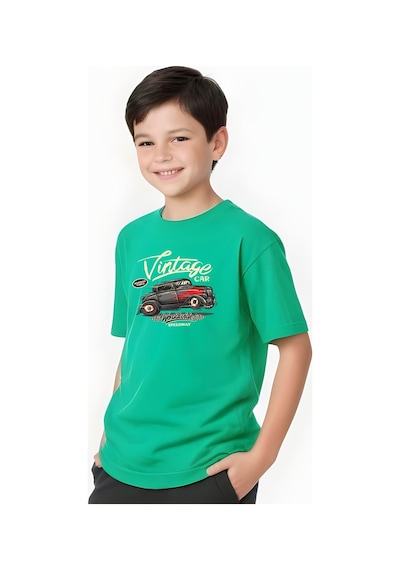 Fyk Kids Erkek Çocuk Yuvarlak Yaka İntage Car Baskılı T-shirt Yeşil