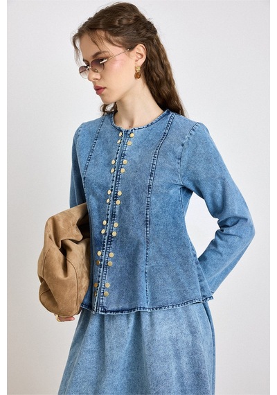Olcay Metal Çıt Çıt Detaylı Ceket Etek Denim Takım Mavi 9448-tk