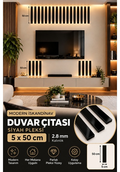 5 Adet Siyah Pleksi Duvar Çıtası 5 X 50 Cm 2,8 Mm Modern İskandinav Dekoratif Duvar Çıtası Parlak Siyah