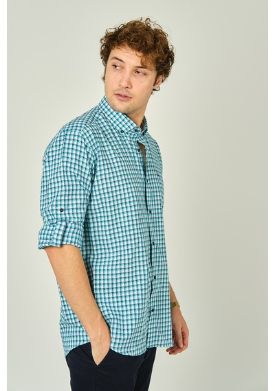 Figs Erkek Slim Fit Ekoseli Uzun Kollu %100 Pamuk Gömlek 0016 Mint Mint
