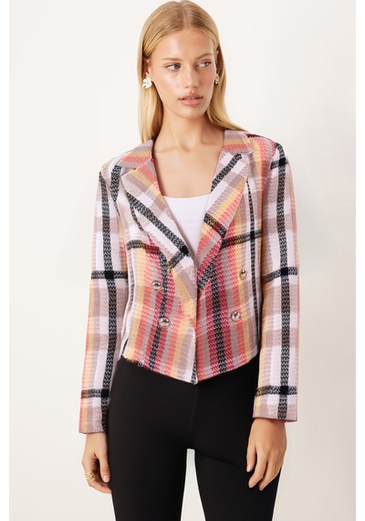Armonika Kadın Kırmızı-bej Kruvaze Yaka Tüvit Crop Ceket Arm-24k001014