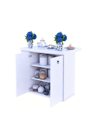 Mdf Adore Çok Amaçlı Mutfak Adası 2 Kapaklı Raflı Beyaz