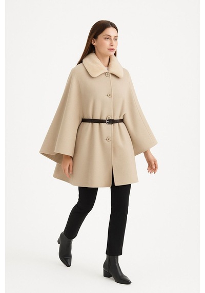 Rouge Basic Kaşe Kemerli Panço Krem