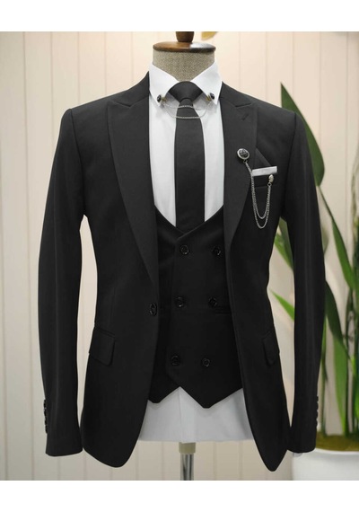 Beystil Sivri Yaka Siyah Takım Elbise Petek04 - Slim Fit Siyah