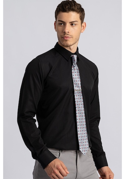 Tudors Modern Slim Fit Dar Kesim Armürlü Erkek Gömlek-22353-Siyah