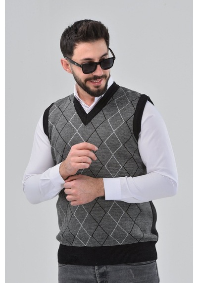 Kzc Tekstil Erkek Baba Ve Orta Yaş Baklava Çizgi Desenli Akrilik Kalın Dokulu V Yaka Triko Süveter Gri-antrasit