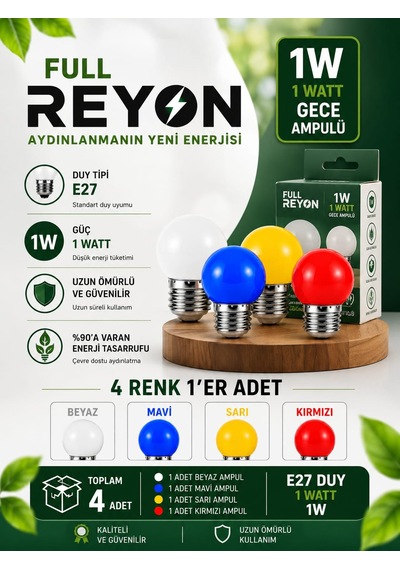 1 Watt 4 Adet 4 Renk E27 Duy Renkli Gece Ampulü, Loş Işık Sevenler İçin Ağaç Feneri Ampulü - 4 Renk