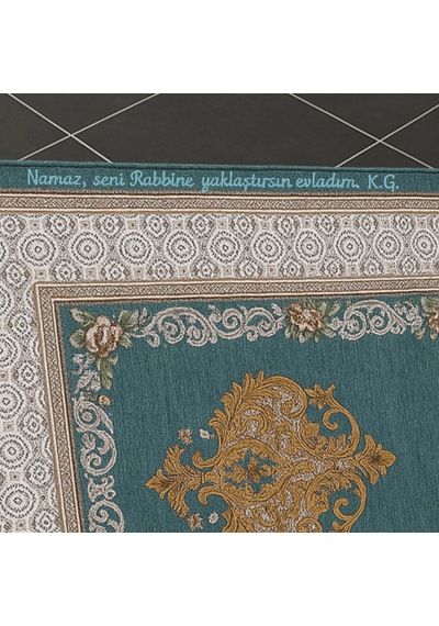 Tesbihane Kişiye Özel Nakış İşlemeli Çiçek Desenli Kendinden Saçaklı Turkuaz Renk Hediyelik Seccade