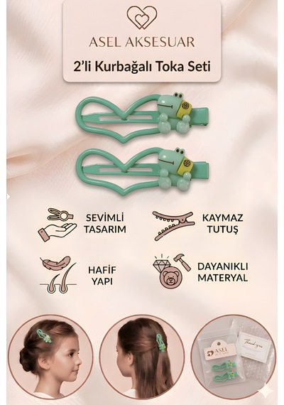 2'li Set Kalp Tasarımlı Sevimli Hayvan Figürlü Çocuk Klips Toka Farklı Renk Seçenekli Yeşil