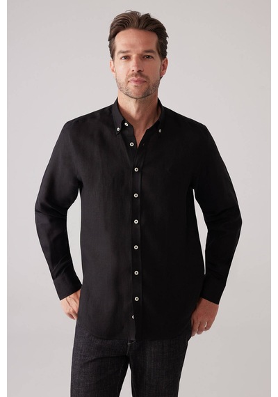 Erkek Siyah Slim Fit Yaka Düğmeli %100 Keten Gömlek