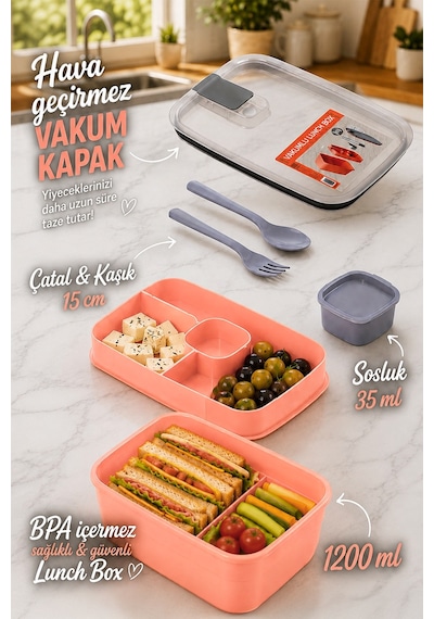 Porsima 3193 Vakumlu Sosluklu Bölmeli 2 Katlı Lunch Box Saklama K