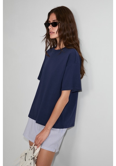 Grımelange Lagertha Kadın %100 Organik Pamuklu Kalın Dokulu Oversize Fit Yuvarlak Yakalı Lacivert T-