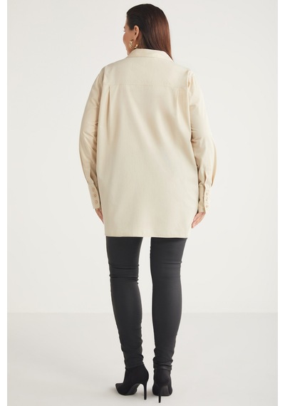 ETHIQUET AMARABB Kadın %100 Organik Pamuk Oversize Fit Poplin Manşetli Bej Büyük Beden Gömlek