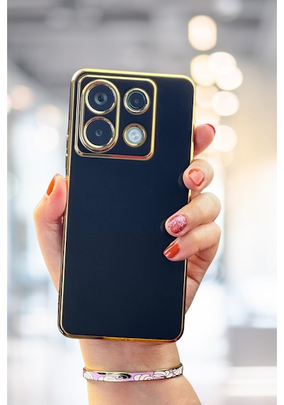 Fibaks Redmi Note 13 Pro 5G Uyumlu Kılıf Parlak Kenarlı Altın Işlemeli Kamera Korumalı Kapak Siyah