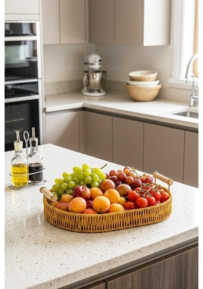 Valera Rattan Dekoratif Sepet Sunum Servis Tepsisi Ahşap Saplı Oval Sepet 28 Cm Diğer