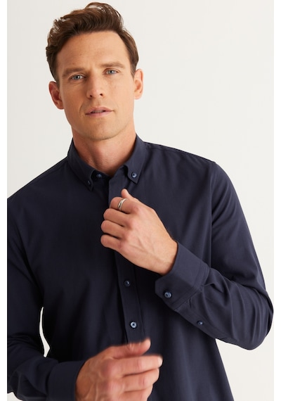 AC&Co / Altınyıldız Classics Erkek Lacı Slim Fit Dar Kesim Düğmeli Yaka Pamuklu Gabardin Gömlek Lacivert AC&Co / Altınyıldız Classics Erkek Lacı Slim Fit Dar Kesim Düğmeli Yaka Pamuklu Gabardin Gömlek Lacivert
