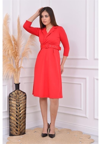 Dip Moda Kadın Kermerli Astarsız Krep Elbise Dpndbks016 Kırmızı