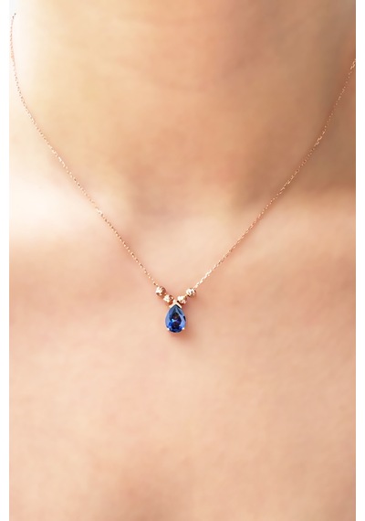 925 Ayar Gümüş Rose Gold Kaplama 43 Cm Safir Rengi Zirkon Taşlı Kadın Kolye