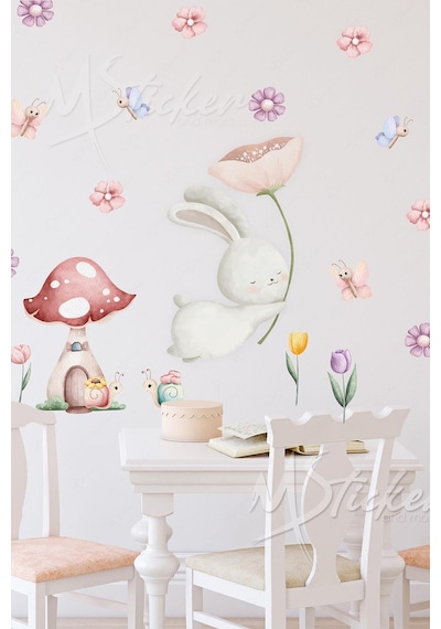 MSticker Sevimli Tavşan Ve Arkadaşları - Bahar Temalı Eğlenceli Çocuk Bebek Odası Sticker Seti