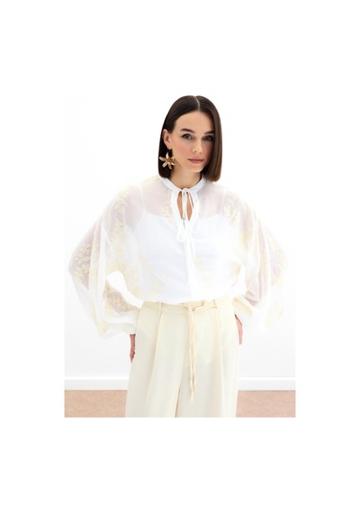 Sateen Nakışlı Şifon Gömlek - Krem-136178 Krem