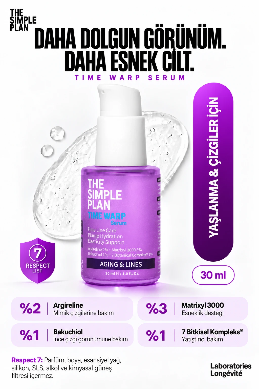 The Simple Plan Time Warp Serum %3 Matrixyl 3000 + %2 Argireline + %1 Bakuchiol, İnce Çizgi Bakımı, 30 Ml
