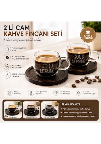 2 Li Good Morning Kahve Fincanı- Kahve Altlığı Şeffaf