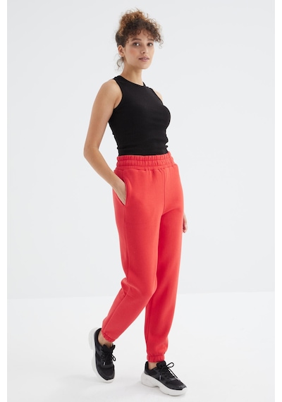 Tommy Life Fiesta Yüksek Bel Şardonlu 3 İplik Pamuklu Basic Kadın Eşofman Alt - 94624 Kırmızı