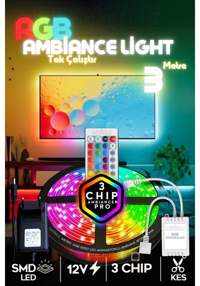 Tv Arkası Yatak Çocuk Odası Mutfak Salon Rgb Şerit Led Uzaktan Kumandalı Tak Çalıştır 3 Metre