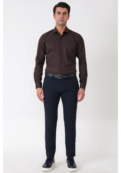 Slim Fit Pamuk Saten Klasik Kahverengi Gömlek Gk 604