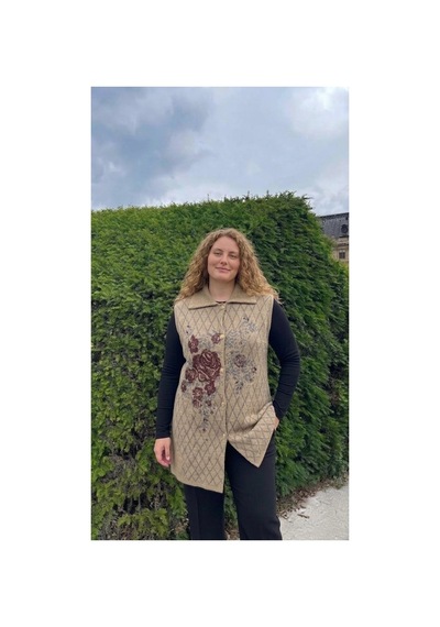 Onno Style Women Büyük Beden Ekose Gül Pike Desenli Çelik Örgü Kadın Triko Yelek Kaban Bej