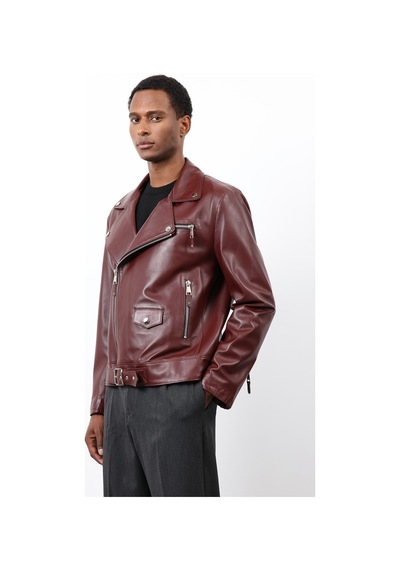 Antioch 100% Deri Biker Ceket Bordo