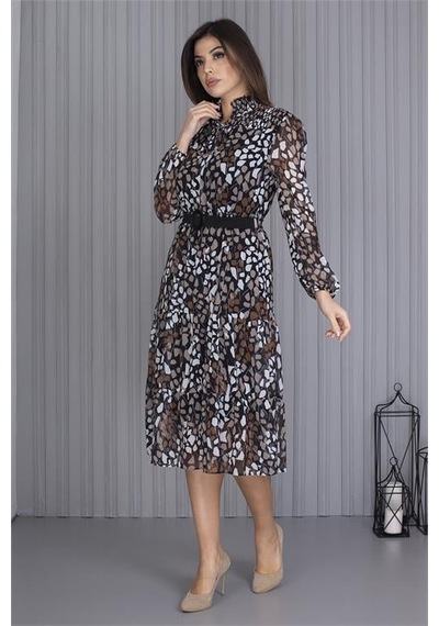 Dip Moda Kadın Kemerli Leopar Desenli Şifon Elbise Dpapcx04 Cok Renklı