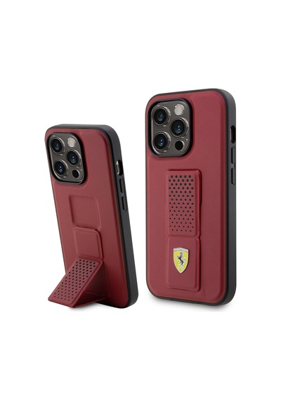 Apple Uyumlu iPhone 14 Pro Kılıf Ferrari Lisanlı Klasik Metal Logolu Delikli Standlı Deri Kapak Kırmızı
