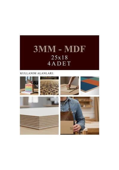 3 Mm 25x18 Mdf Plaka 4 Adet - Pasta Altlığı, Hobi, Maket, Ahşap El Sanatları İçin Uygun