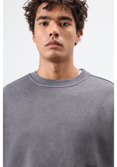 Vamos Basic Oversize Yıkamalı Sweatshirt Füme