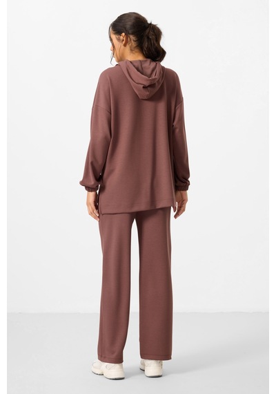 Kahverengi Yumuşak Dokulu Kapüşonlu Oversize Kadın Eşofman Tunik Takım - 95348 Kahverengi