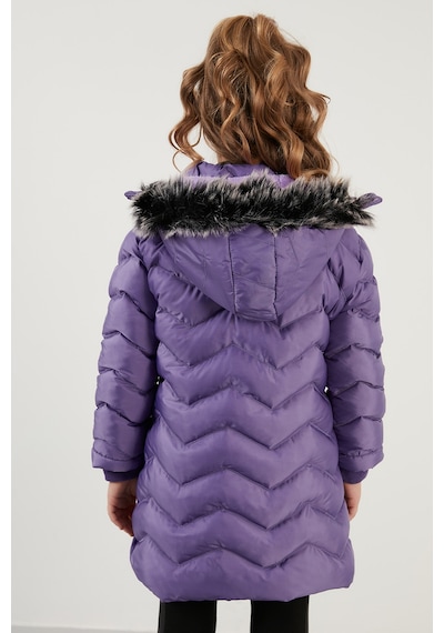 Lela Peluş Astarlı Yakası Suni Kürklü Çıkarılabilir Kapüşonlu Kışlık Kız Çocuk Mont 5766041 Lila