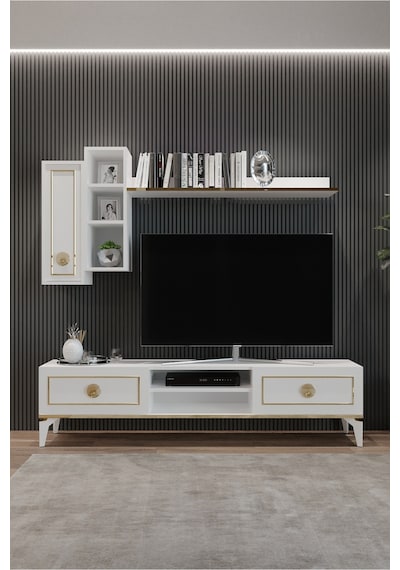 Tocco 1051 Mahur Modern Kitaplıklı Raflı Sehpa Tv Ünitesi-beyaz