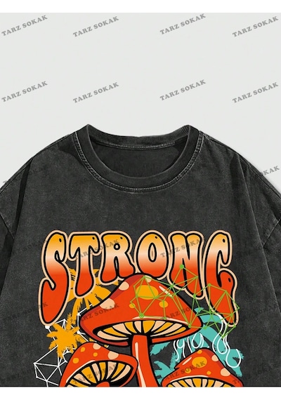 Startmore Kod Trend Street Life Erkek Mantar Ve Harf Baskılı T-shirt Siyah