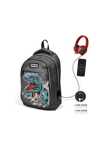 Coral High Okul Sırt Çantası Ve Beslenme Çantası Seti - Erkek Çocuk Siyah Dinazor - Usb Soketli