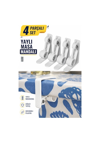 4 Parçalı Yaylı Masa Mandalı Masa Örtüsü Sabitleyici Mandal Kaydırmaz Klips Beyaz
