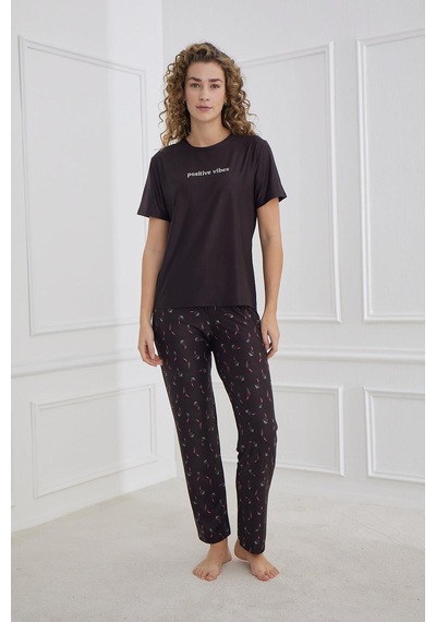 Kompedan Kadın Çiçek Desenli Kısa Kollu Pijama Takım Siyah 30102-1167 Siyah