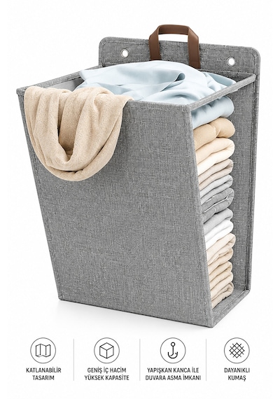 Büyük Katlanabilir Çamaşır Sepeti Yapışkan Kancalı Duvara Asmalı Kirli Çamaşır Çantası Geniş Hacimli Antrasit Gri