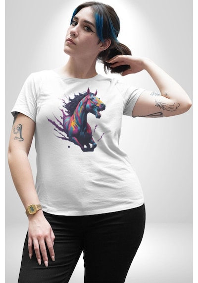 Renkli At Koşu Unisex Unisex Beyaz Organik Baskılı T-shirt Penye Yüksek Kalite Beyaz