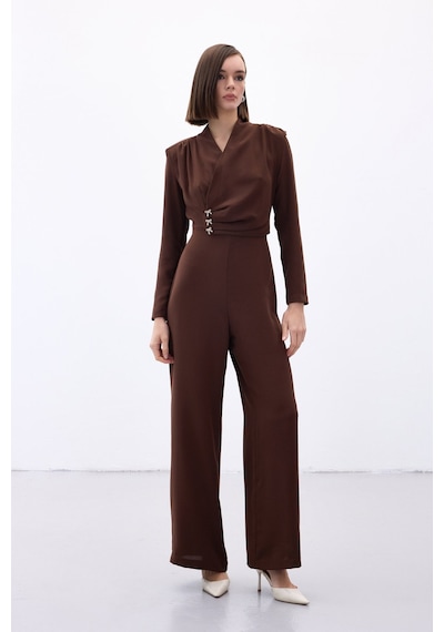 Sateen Fiyonk Aksesuarlı Krep Tulum - Kahve-136701 Kahve