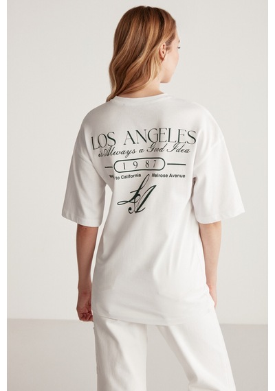 Grımelange Janna Kadın Şehir Temalı Ön Ve Arka Baskı Detaylı Oversize Fit Bisiklet Yaka Beyaz / Yeşil T-shirt