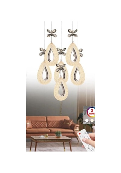 Damla 6 Lı Gümüş 3 Renk Ledli Kumandalı Modern Sarkıt Led Avize