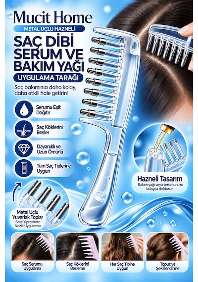 Mucit Home Serum Uygulama Tarağı Metal Uçlu Hazneli Saç Dibi Serum Tarağı Şeffaf Pembe