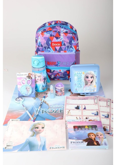 X Dekomus Lisanslı Elsa Frozen Full Kırtasiye Seti Anaokul Çantası,beslenme Kabı,matara,beslenme Örtüsü Altın